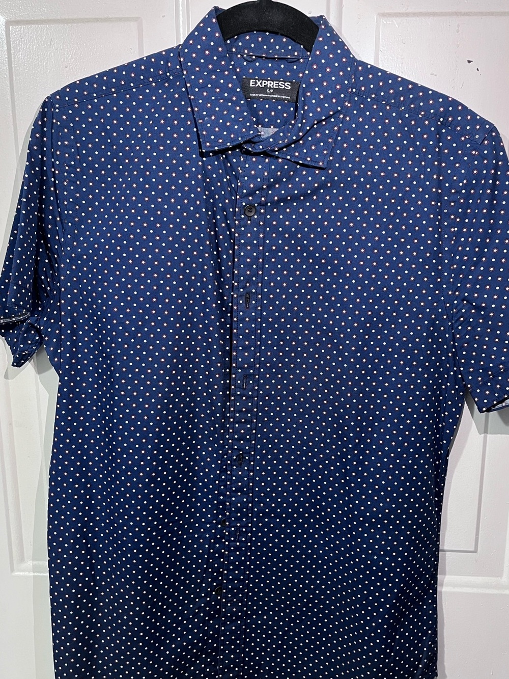 Express Men's Navy Short Sleeve Button-Down with White Polka Dots